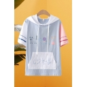 Lovely Girls Japanese Letter Cartoon Cat Graphic Striped Short Sleeve Drawstring Hooded Relaxed T Shirt