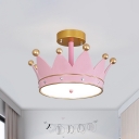 Resin Crown Semi Mount Lighting Kids Pink LED Ceiling Flush Light for Girl's Bedroom