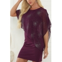 Fashionable Womens Fake Two Piece Hot Stamping Mesh Patched Round Neck Asymmetric Mini Fitted Dress in Purple