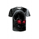 Stylish Mens 3D Skull Printed Short Sleeve Round Neck Fitted T-Shirt in Gray