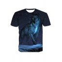 Fancy Mens 3D Snow Wolf Pattern Short Sleeve Round Neck Regular Fitted Tee Top in Navy
