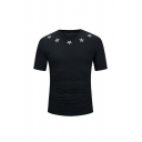 Cool Mens Star Floral Letter Printed Short Sleeve Round Neck Regular Fitted Tee Top in Black
