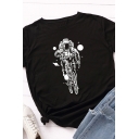 Cool Womens Astronaut Print Roll up Sleeve Crew Neck Fitted T Shirt