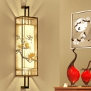 Blooming Lotus/Plum Print Mural Lighting Chinoiserie Fabric 2-Light Hotel Wall Light Sconce in Black