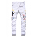 White Creative Jeans Stars Letter King of My Life Embroidered Pocket Zipper Button Straight Fit Full Length Graphic Jeans for Men