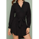 Cool Womens Long Sleeve V-neck Bow Tied Waist Curved Hem Short A-line Dress in Black