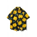 Mens Retro All-over Lemon Pattern Button down Chest Pocket Point Collar Short Sleeve Regular Fit Shirt