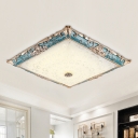 Traditional Square Flushmount Lighting Textured Glass LED Ceiling Mounted Fixture in Green, 16
