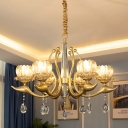 6 Heads Hanging Chandelier with Lotus Shade Clear Crystal Traditional Dining Room Pendant in Gold