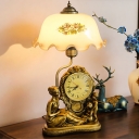 Traditional Ruffle Bowl Table Lamp Single Bulb Frosted Glass Nightstand Light with Clock in Brass