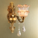 1/2-Head Wall Lighting Traditional Layered Flower Ribbed Glass Sconce Light in Brass