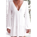 Gorgeous Ladies Blouson Sleeve V-neck Ruffled Trim Mini Pleated Swing Dress in White
