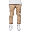 Casual Solid Color Drawstring Cuffed Ankle Length Tapered Fitted Pants with Pockets