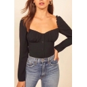 Ladies Amazing Long Sleeve Off the Shoulder Button up Ruched Fit Black Tee