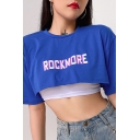 Stylish Womens Letter Rock More Printed Short Sleeve Crew Neck Loose Super Cropped T-shirt in Blue