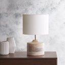 Whitewash Wood Stout Table Lamp Cottage 1 Bulb Bedroom Nightstand Light with Fabric Shade in White