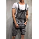 Cool Mens Overall Shorts Medium Wash Ripped Pocket Regular Fitted Overall Shorts