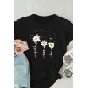 Stylish Letter Faith Daisy Flower Graphic Rolled Short Sleeve Crew Neck Regular Fit Tee Top for Girls