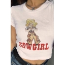 Simple Womens Letter Cow Girl Cartoon Graphic Short Sleeve Crew Neck Fitted Crop T Shirt in White