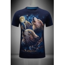 3D Basic Mens Galaxy Wolf Printed Round Neck Short Sleeve Slim Fitted Tee Top
