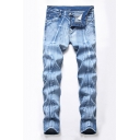 Mens Unique Jeans Patterned Zip-fly Pocket Button Straight Fit Full Length Jeans with Washing Effect