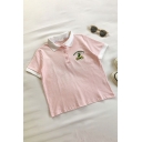 Lovely Girls Letter Avocadopear Avocado Embroidery Print Patchwork Button Collar Short Sleeve Regular Fit Polo Shirt