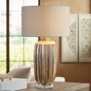 Ceramics Brown Night Table Lamp Cylinder 1 Light Countryside Nightstand Lamp with Drum Fabric Shade