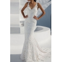 Banquet White Sleeveless V-neck Backless Maxi Fishtail Gown for Ladies