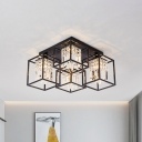 Cuboid Crystal Semi Flush Light Contemporary 4 Heads Bedroom Ceiling Lamp with Black Geometric Cage