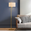 Drum Floor Standing Lamp Post Modern White Fabric 1 Bulb Gold Finish Floor Light with Pull Chain
