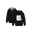 Fashionable Sherpa Lined Letter Dog Mom Cartoon Cat Graphic Long Sleeve Zipper Front Loose Hoodie for Men