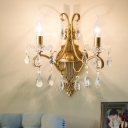 Candle Metallic Wall Sconce Lamp Vintage 2 Bulbs Hallway Wall Lighting Idea with Crystal Swag Deco in Gold