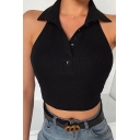 Edgy Ladies Solid Color Stand Collar Button up Fitted Crop Tank Top
