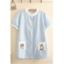 Cat Embroidered Lace Pockets Stripe Contrasted Short Sleeve Crew Neck Button up Loose Fit Popular Shirt in Blue