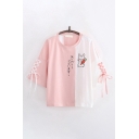 Stylish Womens Japanese Letter Rabbit Graphic Colorblock Lace-up 3/4 Sleeve Round Neck Relaxed T-shirt