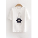Preppy Girls Rabbit Embroidered Short Sleeve Crew Neck Relaxed Tee Top