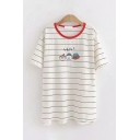 Casual Womens Letter Hello Cartoon Embroidered Striped Short Sleeve Crew Neck Loose Tee Top