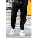 Black Casual Mens Side Stripe Letter Just So Cool Printed Drawstring 7/8 Length Tapered Fit Jogger Pants