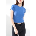 Fashion Girls Knit Short Sleeve Crew Neck Slim Fit Cropped Tee in Blue