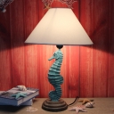 Single Hippocampus Night Table Light Traditional Green Resin Nightstand Lamp with Tapered White Fabric Shade