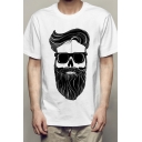 Stylish White Letter Cartoon Beard Skull Graphic Short Sleeve Crew Neck Loose Fit Tee Top for Men