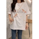 Cartoon Flying Horse Embroidery Short Sleeve Crew Neck Relaxed Fit Korean Style Tee for Girls