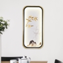 Living Room LED Wall Lamp Asian Gold Mural Lighting with Bamboo-Hill Patterned Square/Rectangular Metal Shade
