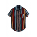 Stylish Mens Stripe Printed Short Sleeve Spread Collar Button down Chest Pocket Curved Hem Loose Shirt Top