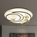 Moon and Ring Semi Flush Mount Minimalist Iron LED White Ceiling Light Fixture with Flower Crystal Deco