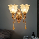 Clear Glass 2-Layer Scalloped Wall Sconce Antique 2 Lights Hotel Wall Mount Lighting in Gold