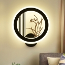 Chrysanths/Orchid Acrylic Wall Sconce Chinese LED Black Mural Lighting with Ring for Living Room