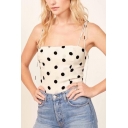 Stylish Girls Polka Dot Printed Bow Tied Shoulder Pintuck Fit Crop Cami in White