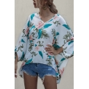 Vacation Womens Allover Flower Printed Batwing Sleeve V-neck Loose Fit T Shirt in White