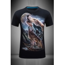3D Classic Wolf Galaxy Pattern Crew Neck Short Sleeve Slim Fitted T-Shirt for Men